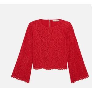 Alice + Olivia Pasha Corded Floral Lace Bell Sleeve Top Large Red Lined Blouse